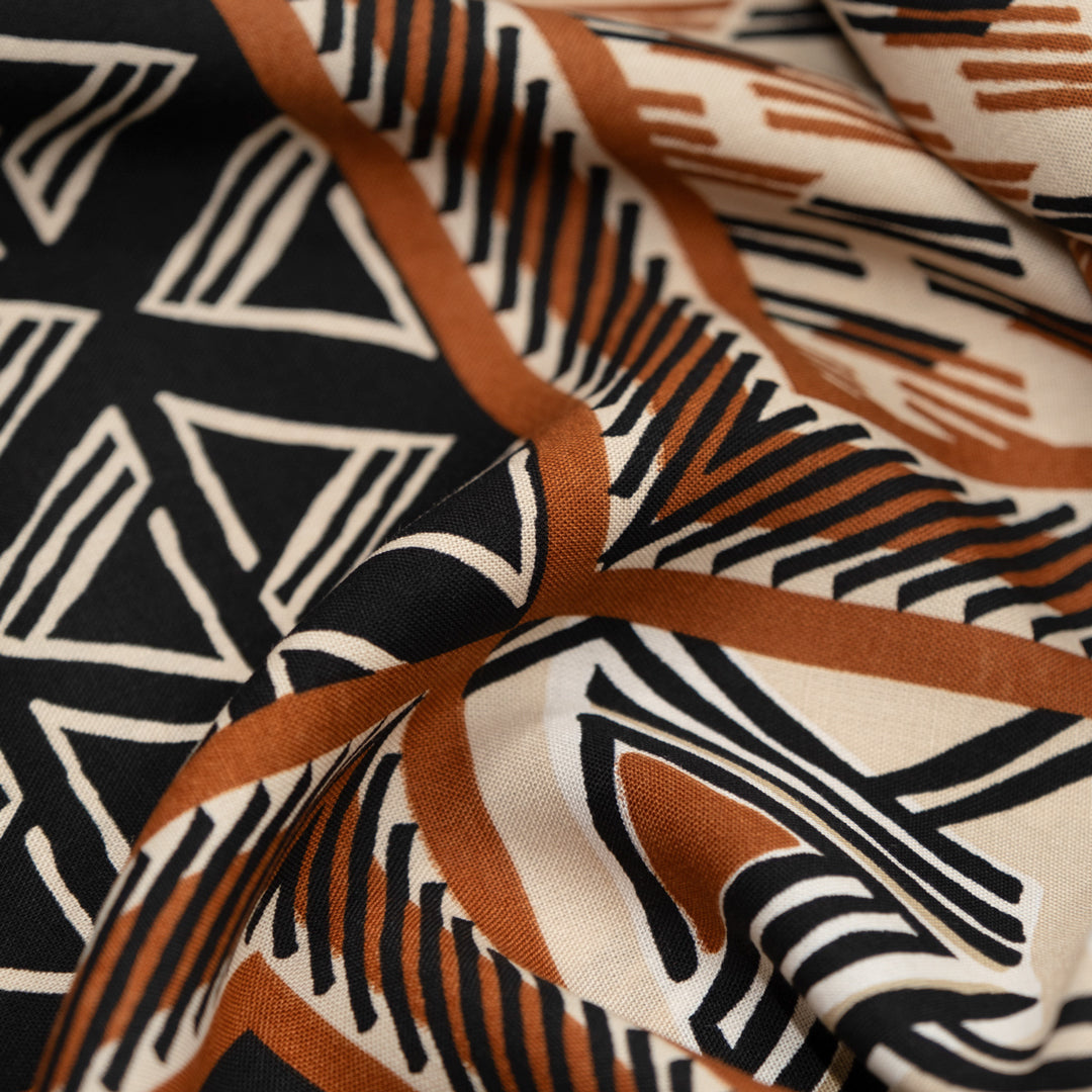 Deadstock Woodblock Viscose Challis - Teak/Black/Cream | Blackbird Fabrics