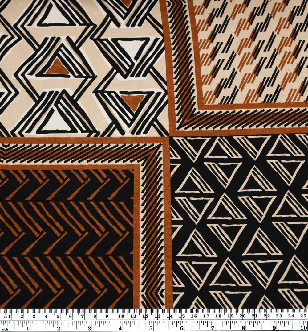 Deadstock Woodblock Viscose Challis - Teak/Black/Cream | Blackbird Fabrics