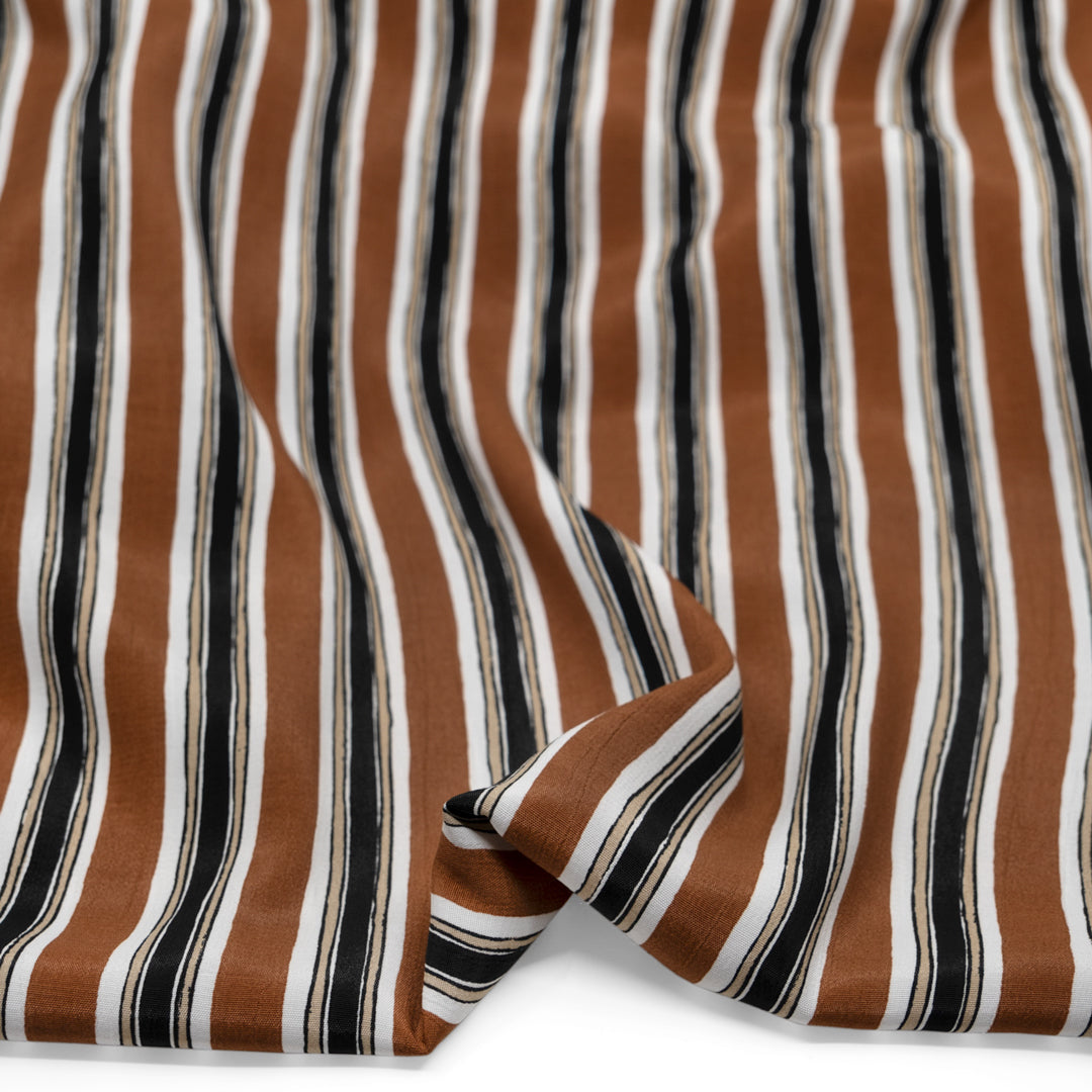 Deadstock Division Stripe Viscose Crepe - Teak/White/Black | Blackbird Fabrics