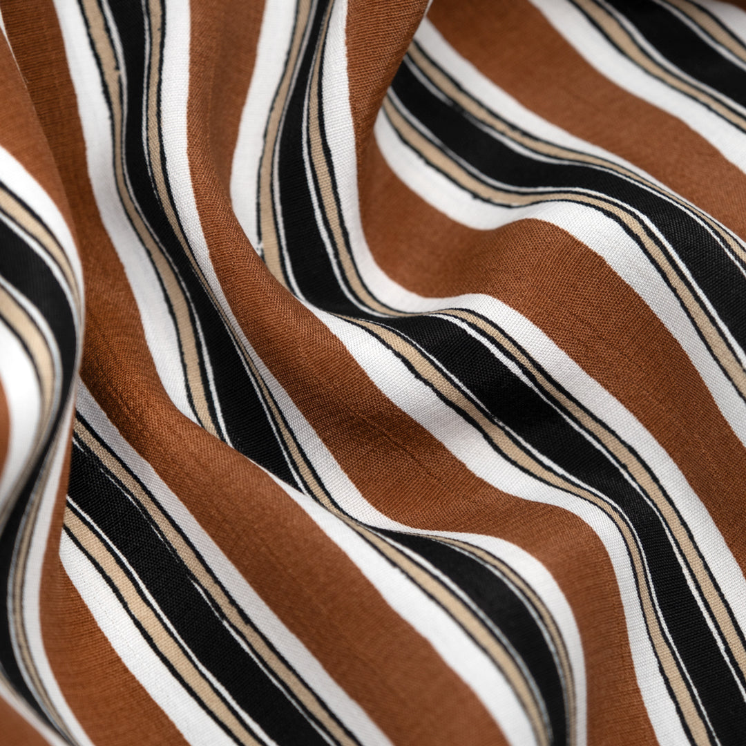 Deadstock Division Stripe Viscose Crepe - Teak/White/Black | Blackbird Fabrics
