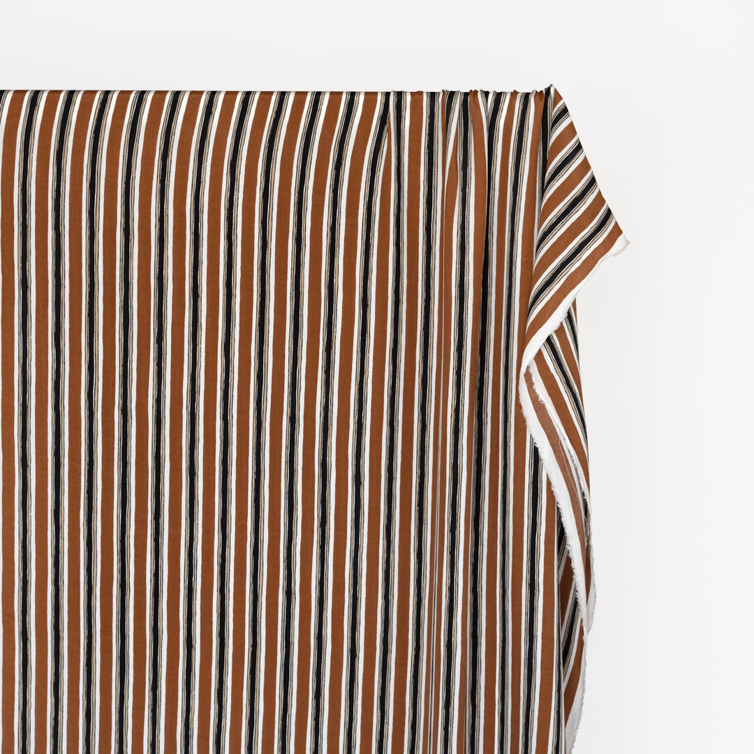 Deadstock Division Stripe Viscose Crepe - Teak/White/Black | Blackbird Fabrics