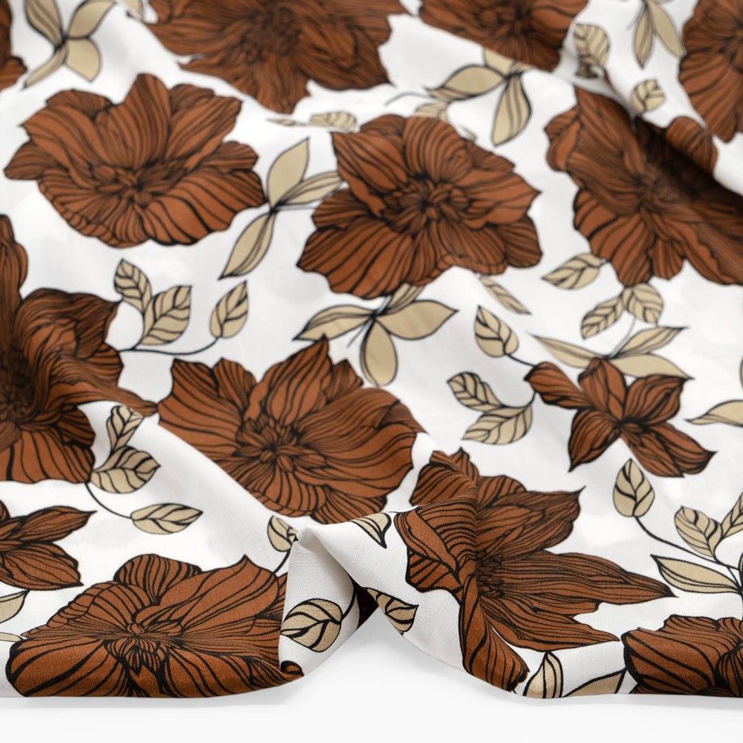 Deadstock Wooden Florals Viscose Crepe  - White/Cinnamon/Sand | Blackbird Fabrics