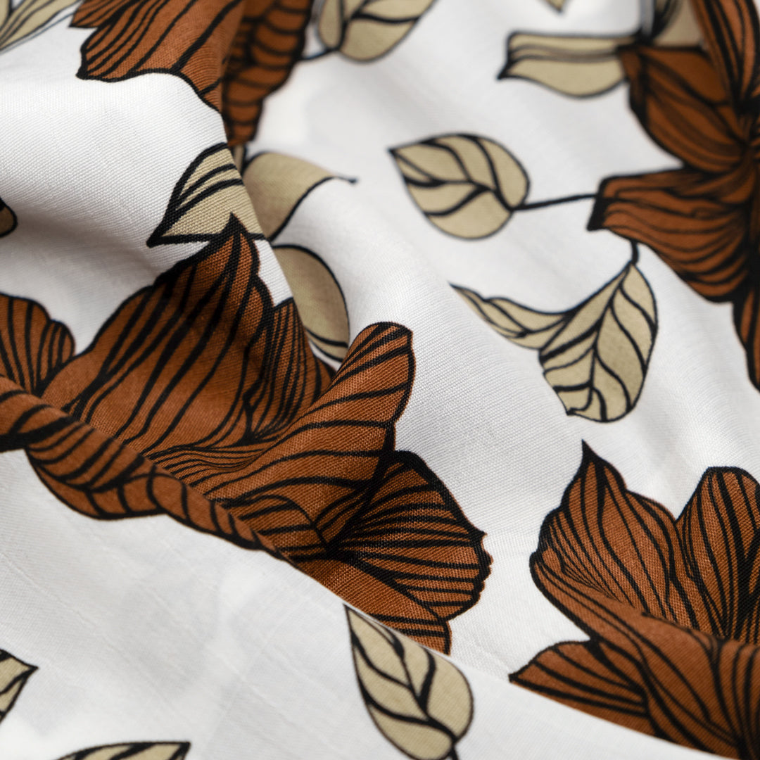 Deadstock Wooden Florals Viscose Crepe  - White/Cinnamon/Sand | Blackbird Fabrics