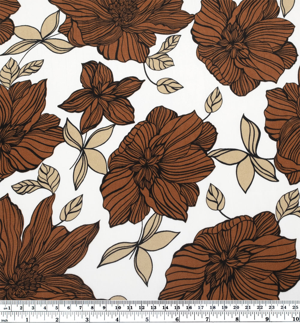 Deadstock Wooden Florals Viscose Crepe  - White/Cinnamon/Sand | Blackbird Fabrics