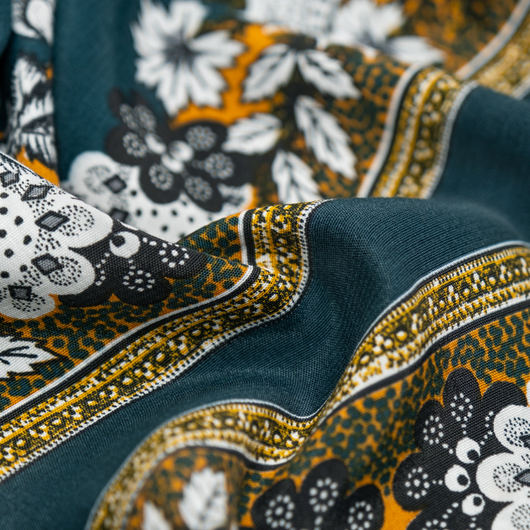 Deadstock Handkerchief Viscose Crepe  - Petrol/White/Saffron | Blackbird Fabrics