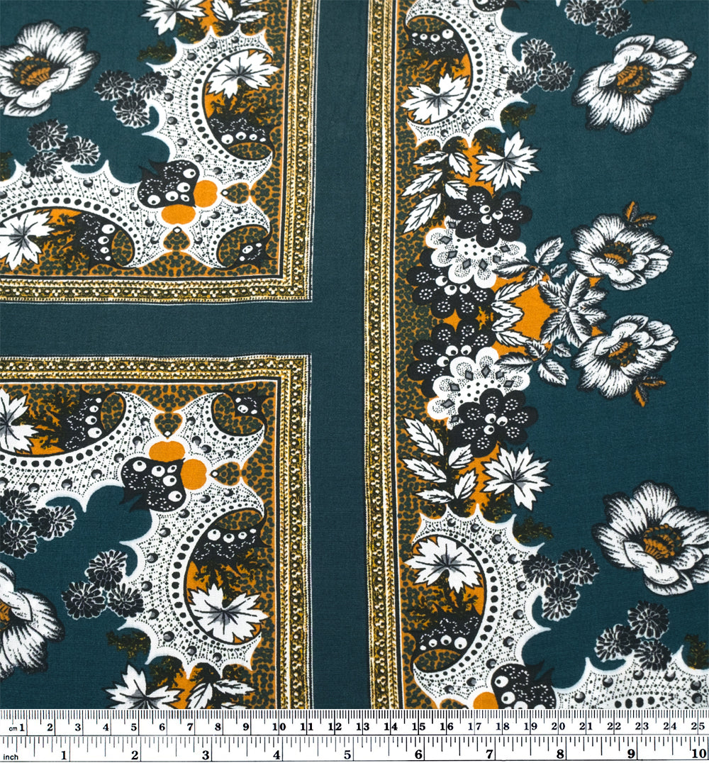 Deadstock Handkerchief Viscose Crepe  - Petrol/White/Saffron | Blackbird Fabrics