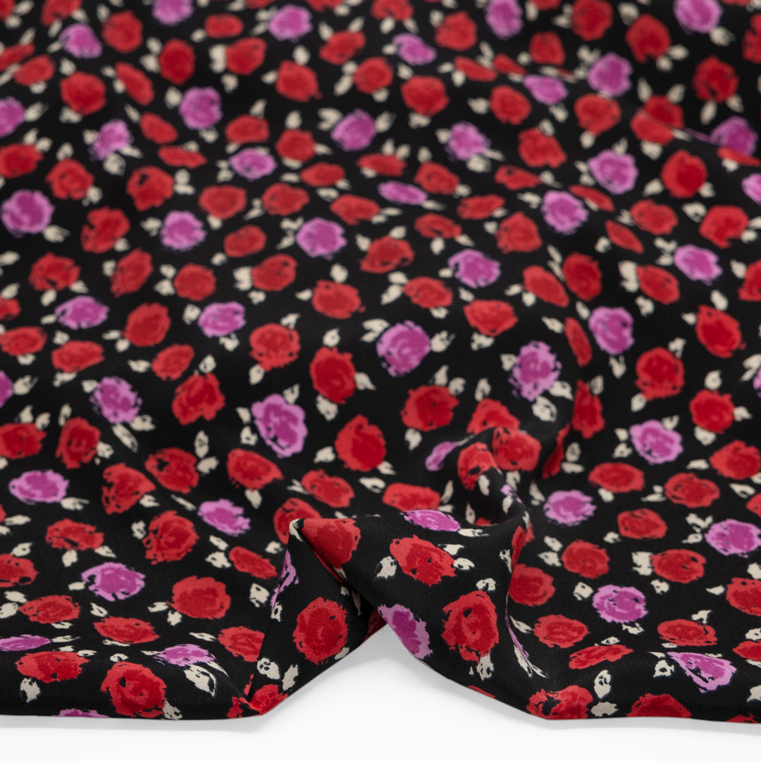 Deadstock Rosy Posy Viscose Crepe - Black/Crimson/Candy Pink | Blackbird Fabrics