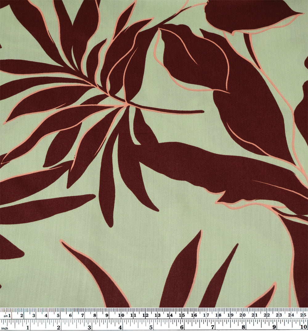 Deadstock Fine Fronds Viscose Sateen - Eucalyptus/Rum Raisin | Blackbird Fabrics