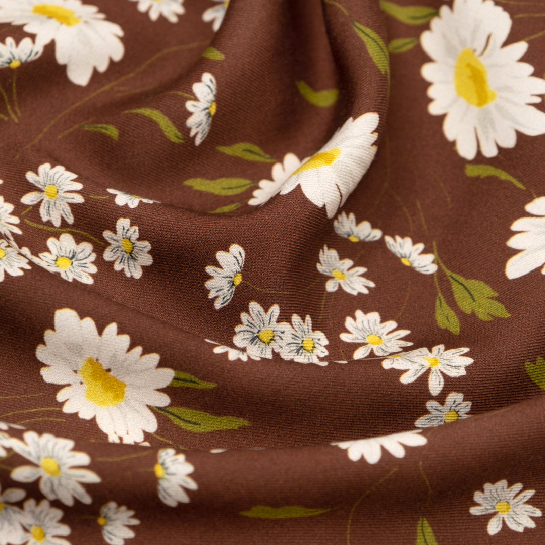 Deadstock Windswept Daisies Viscose Twill - Cocoa/White/Lemon | Blackbird Fabrics