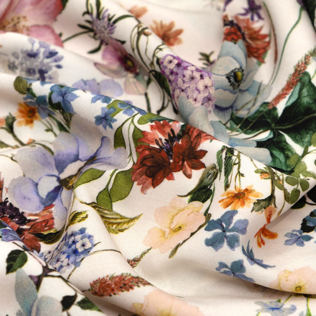 Deadstock Soft Daydream Viscose Challis - Ivory/Pine/Rose | Blackbird Fabrics