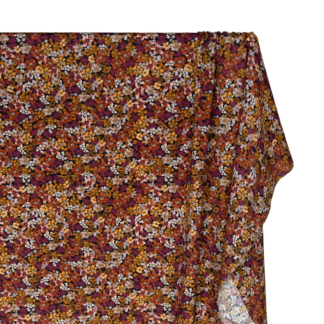 Deadstock Woodland Flora Viscose Crepe - Black/Sangria/Ochre | Blackbird Fabrics