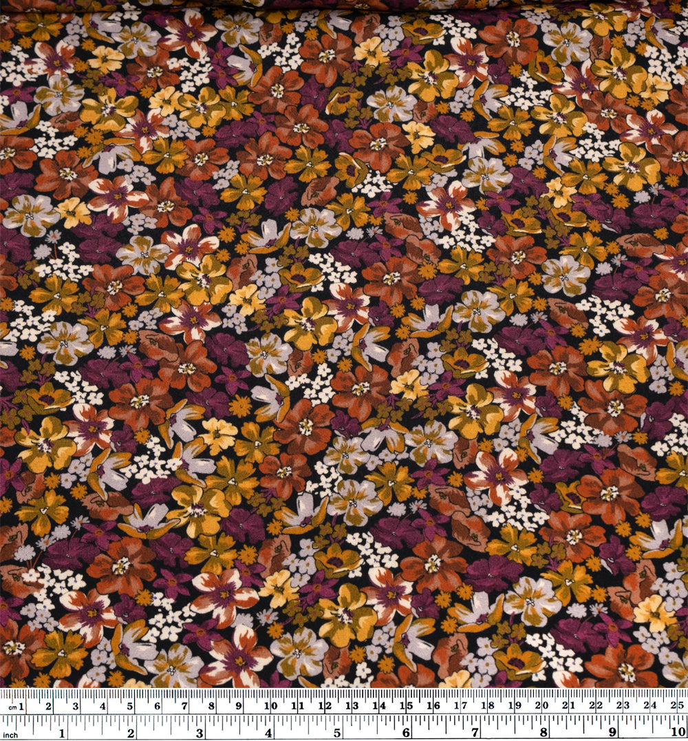 Deadstock Woodland Flora Viscose Crepe - Black/Sangria/Ochre | Blackbird Fabrics