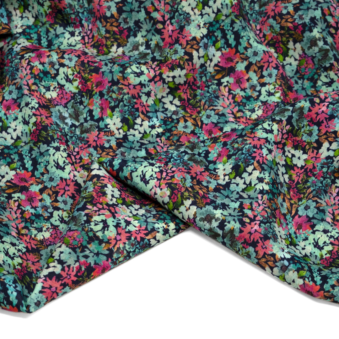 Deadstock Forest Floor Viscose Crepe - Navy/Aqua/Jam | Blackbird Fabrics