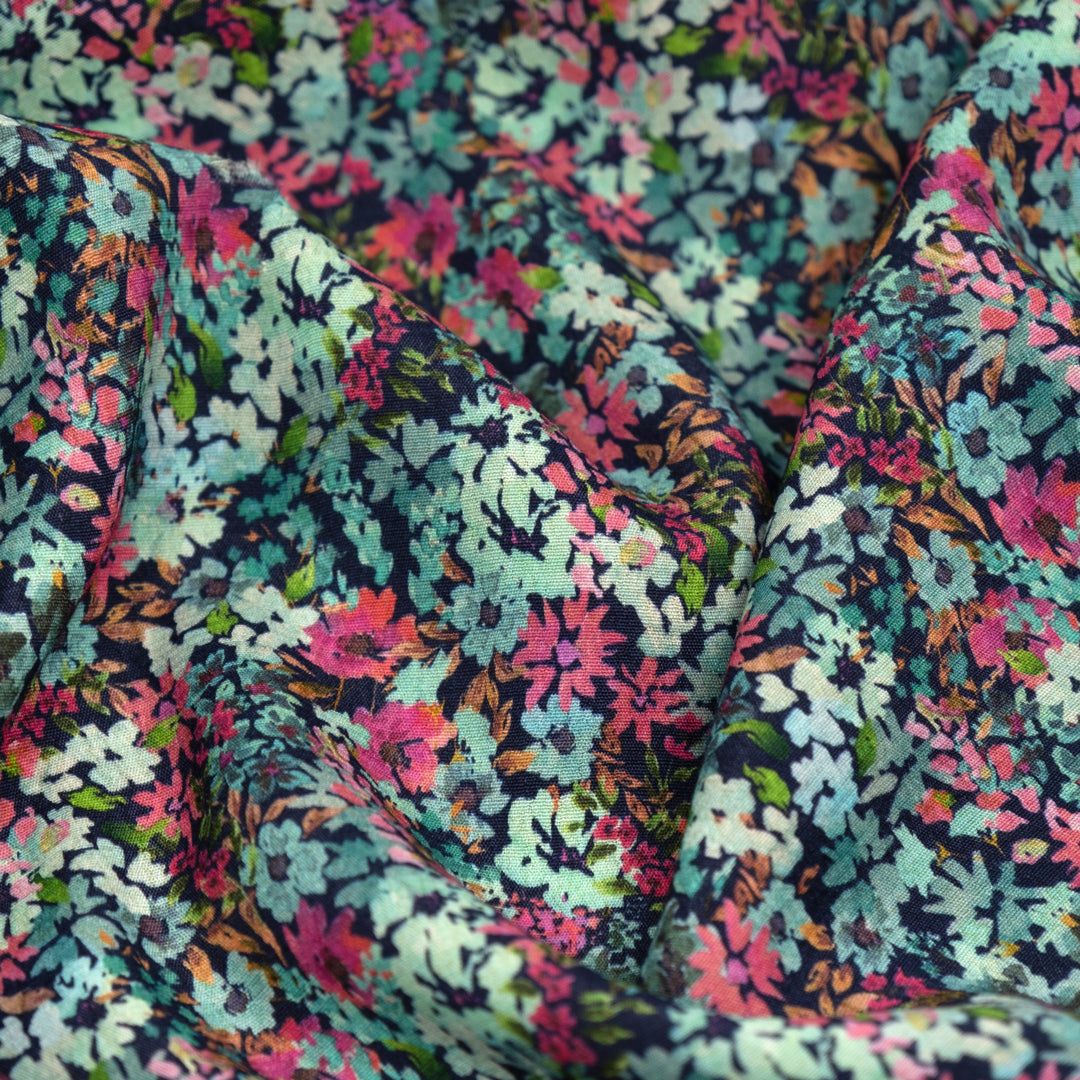 Deadstock Forest Floor Viscose Crepe - Navy/Aqua/Jam | Blackbird Fabrics