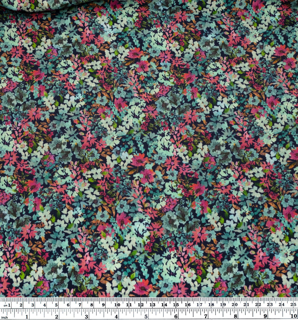 Deadstock Forest Floor Viscose Crepe - Navy/Aqua/Jam | Blackbird Fabrics