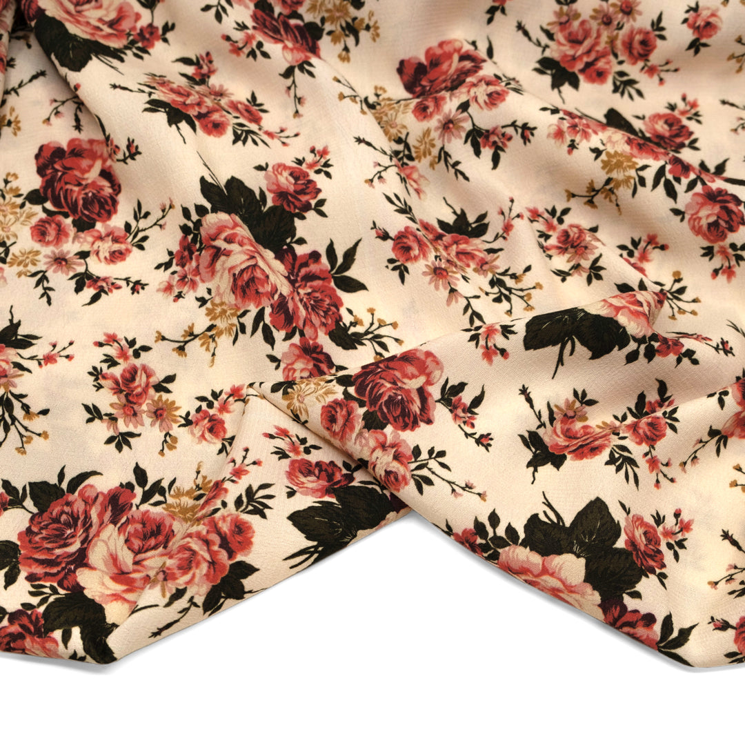 Deadstock Blushing Rose Viscose Crepe - Ecru/Rosewood/Multi | Blackbird Fabrics