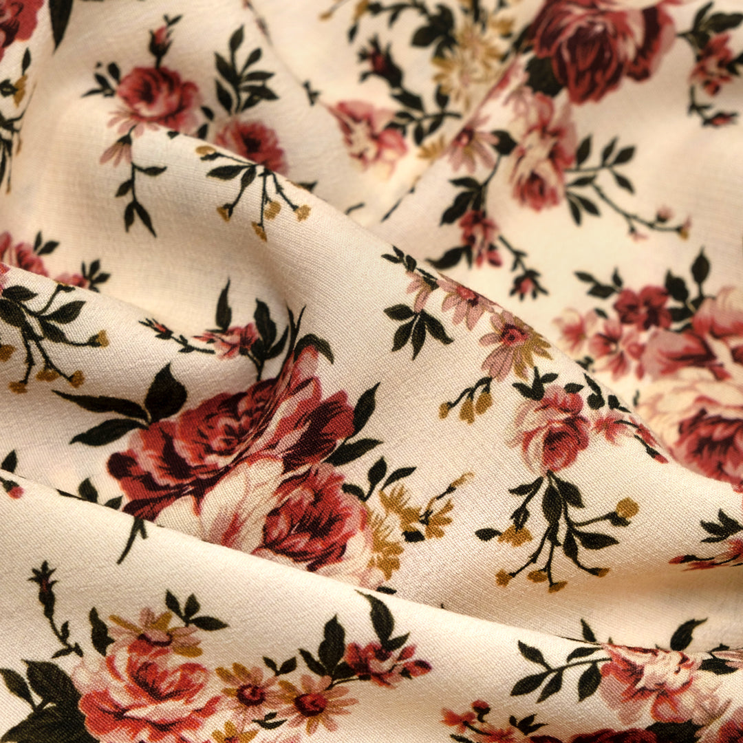 Deadstock Blushing Rose Viscose Crepe - Ecru/Rosewood/Multi | Blackbird Fabrics