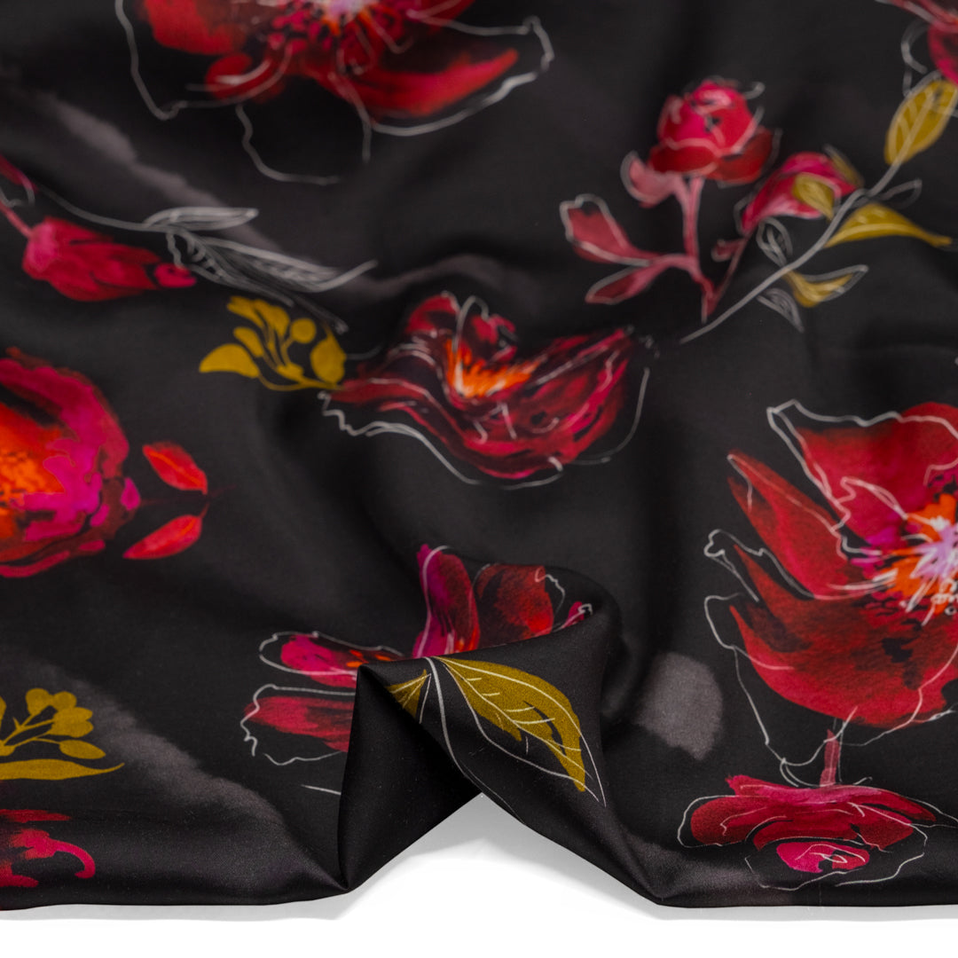 Botanic Symphony Viscose Satin - Raven/Crimson | Blackbird Fabrics