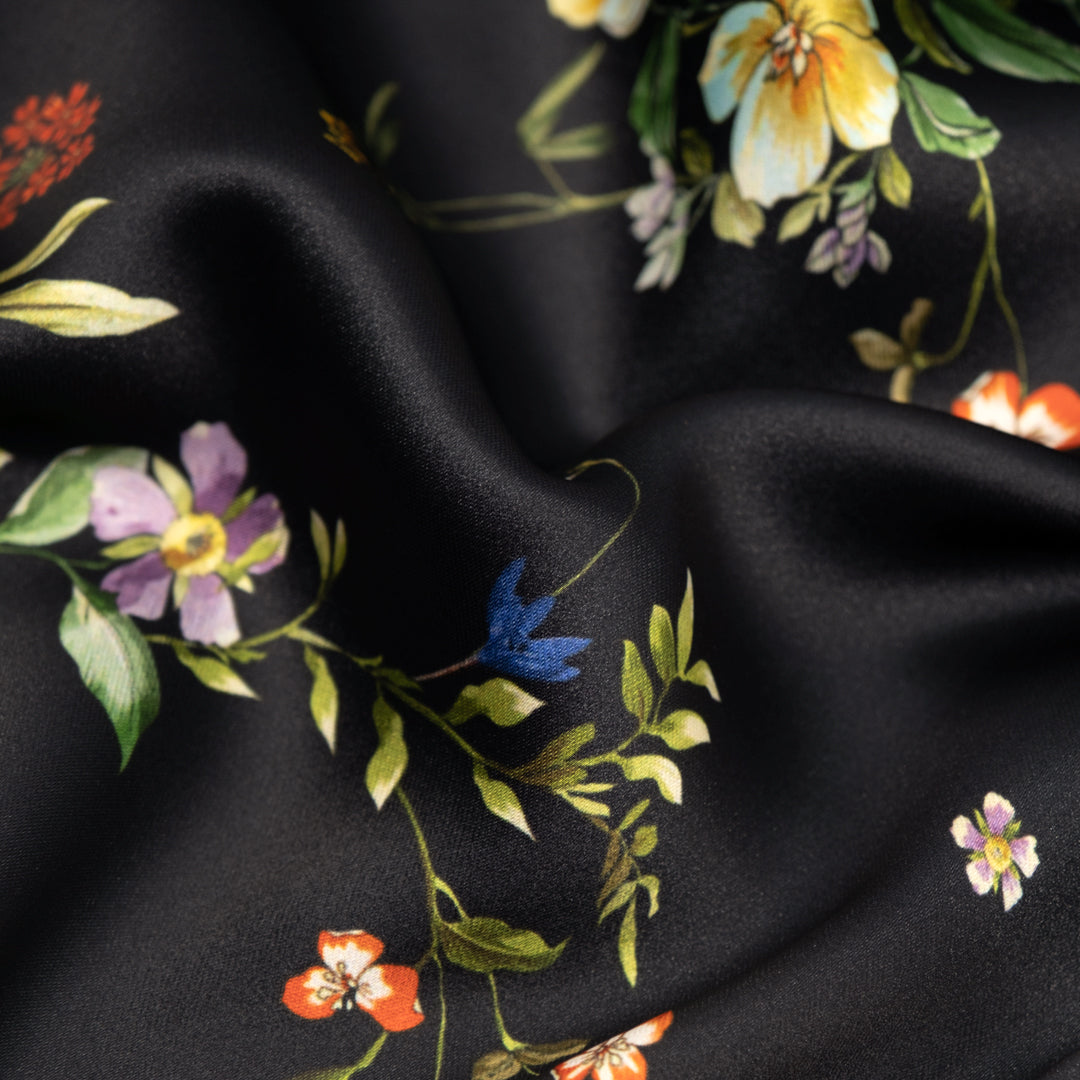 Nocturnal Blossom Poly Satin - Black/Multi | Blackbird Fabrics