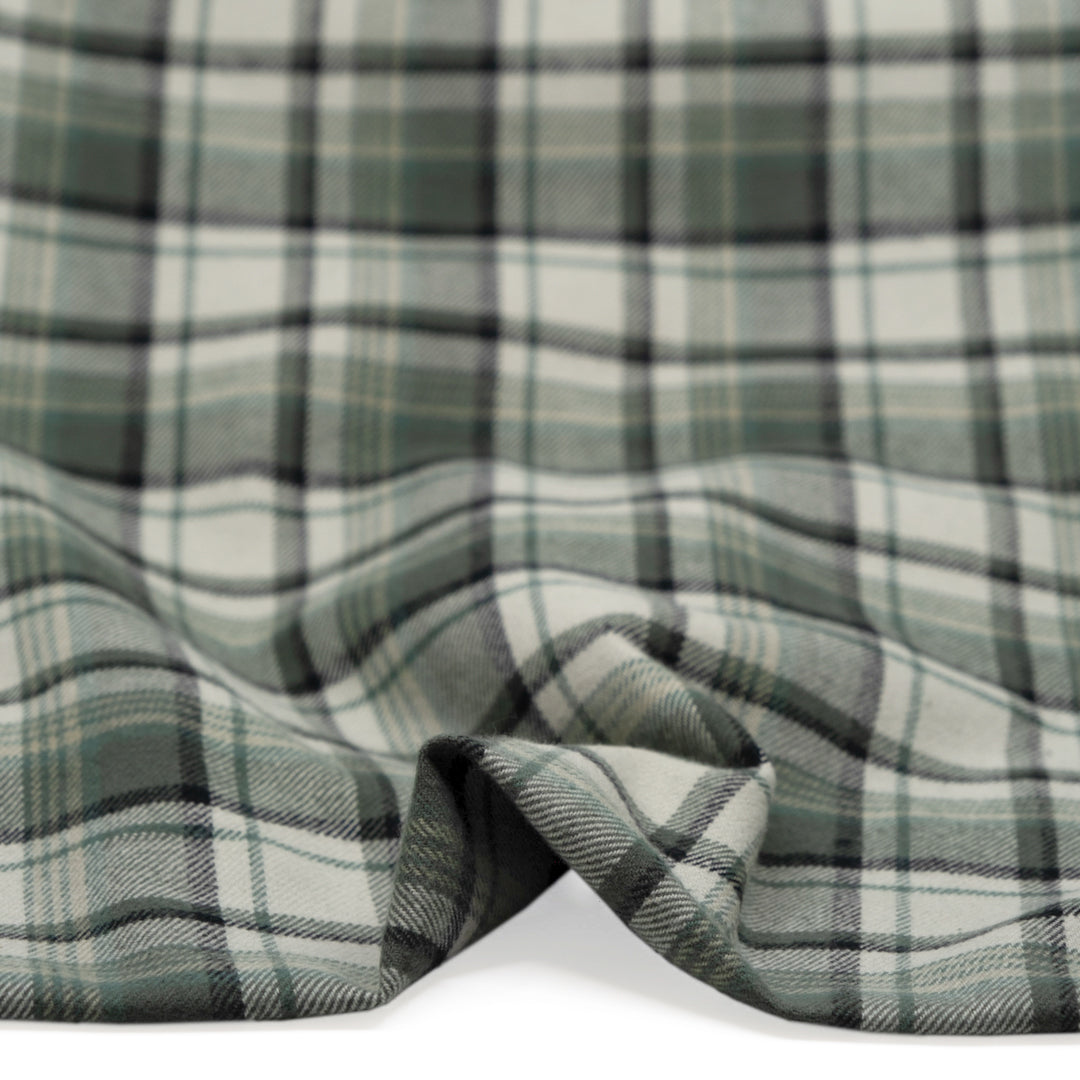 Midweight Plaid Cotton Flannel Twill - Jade/Limestone | Blackbird Fabrics