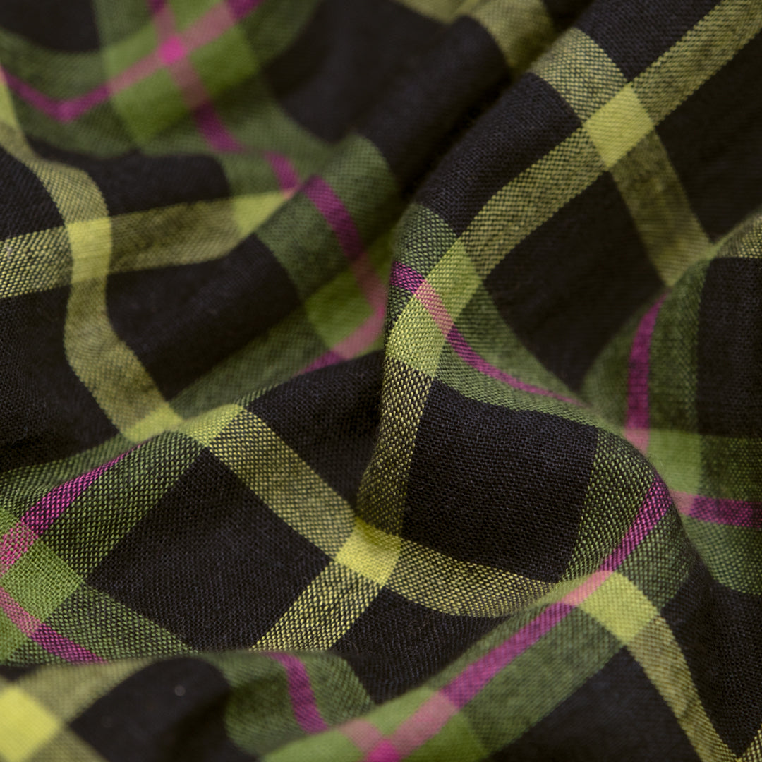 Plaid Handwoven Cotton - Black/Key Lime/Pink | Blackbird Fabrics