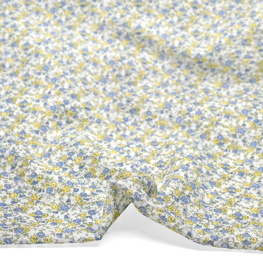 Prairie Floral Crinkle Cotton - White/Lemon/Cornflower | Blackbird Fabrics