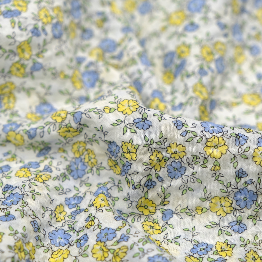 Prairie Floral Crinkle Cotton - White/Lemon/Cornflower | Blackbird Fabrics