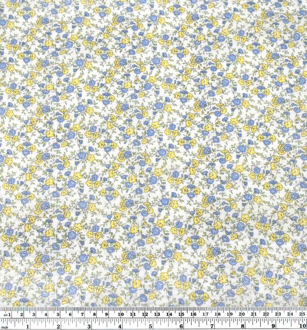 Prairie Floral Crinkle Cotton - White/Lemon/Cornflower | Blackbird Fabrics