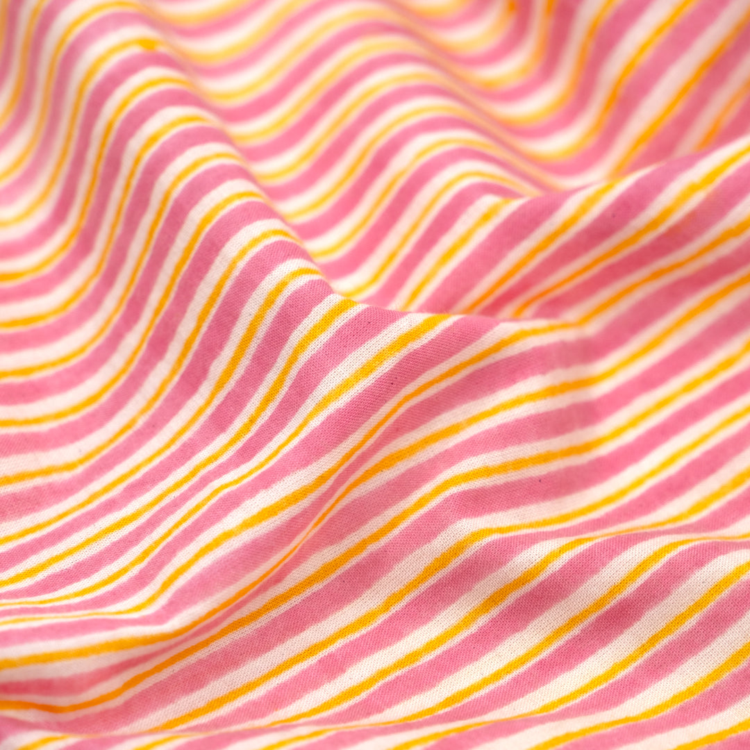 Striped Block Printed Organic Cotton Batiste - Candy Pink/Lemon | Blackbird Fabrics
