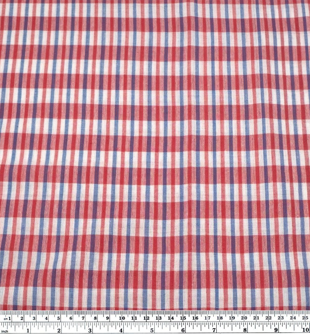 Striped Check Handwoven Cotton - White/Bubblegum/Blue | Blackbird Fabrics