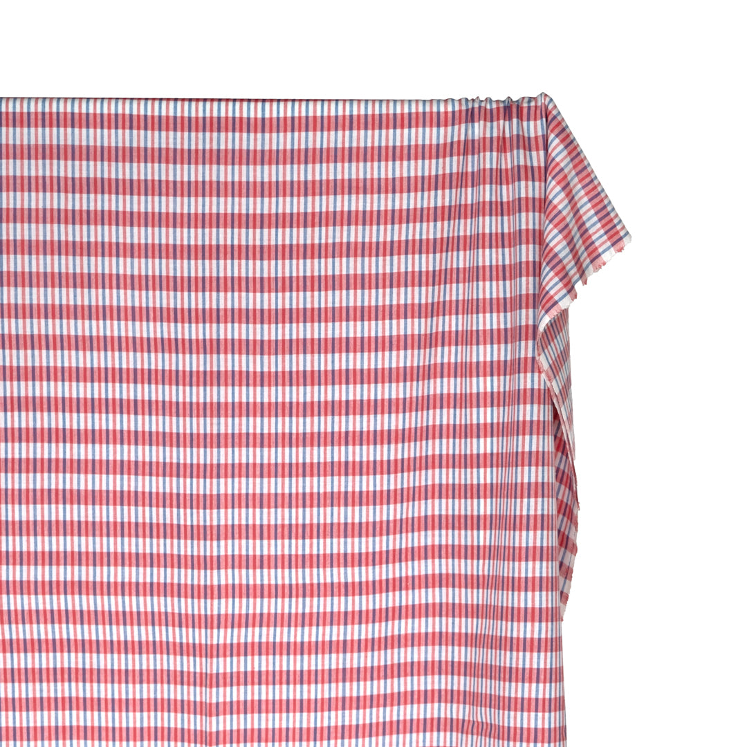 Striped Check Handwoven Cotton - White/Bubblegum/Blue | Blackbird Fabrics