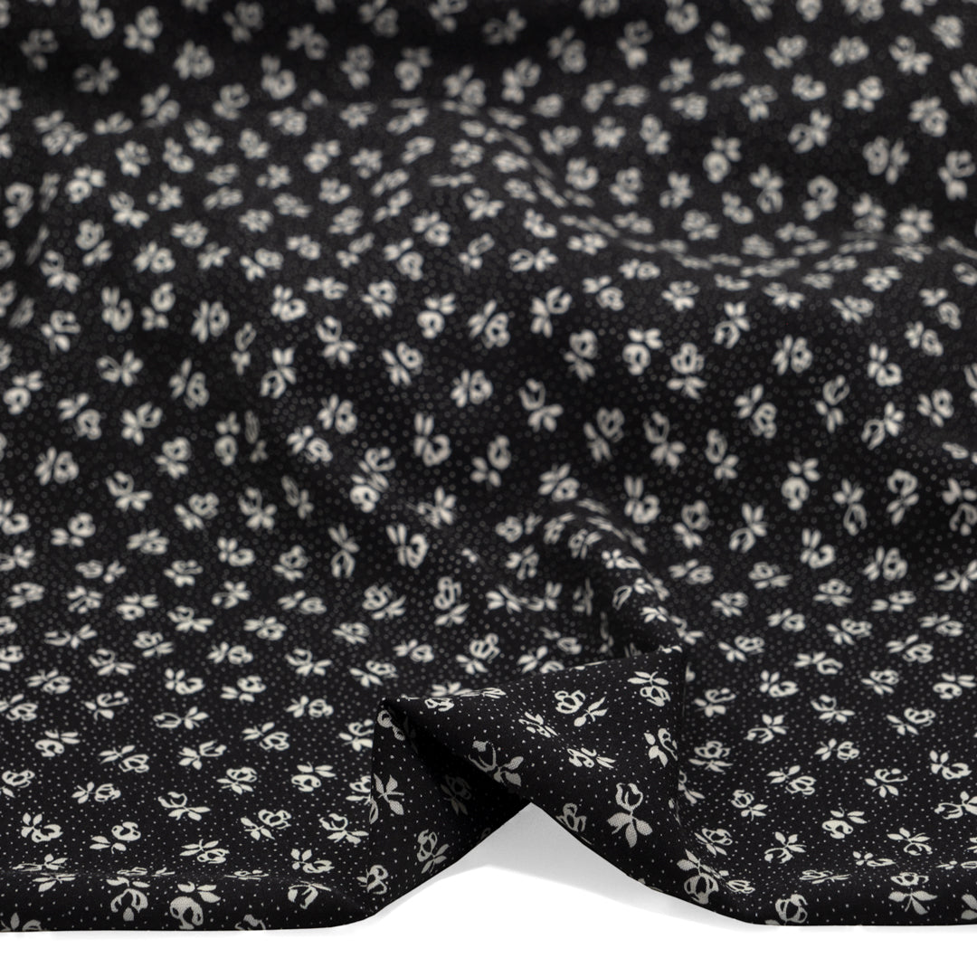 Twilight Rose Printed Viscose Challis - Black | Blackbird Fabrics