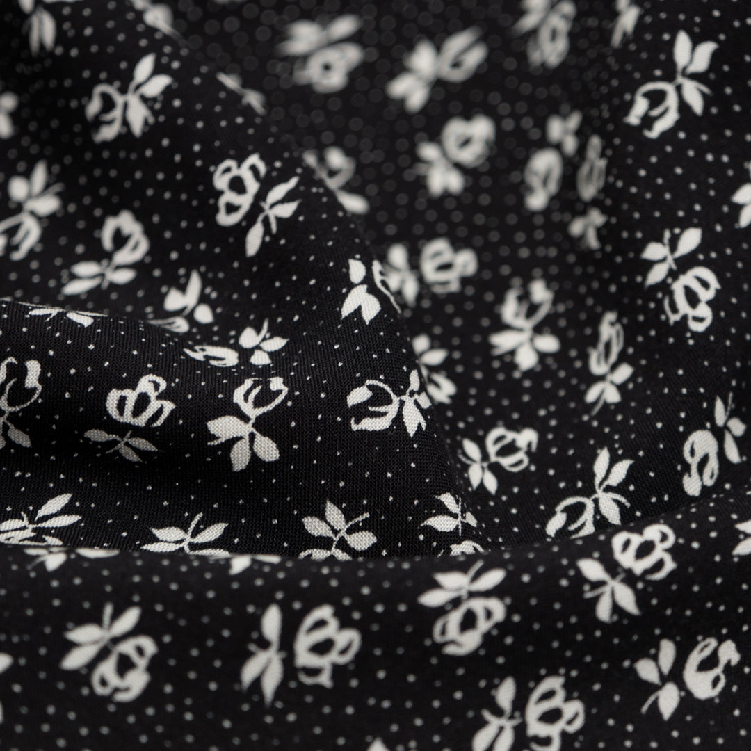 Twilight Rose Printed Viscose Challis - Black | Blackbird Fabrics