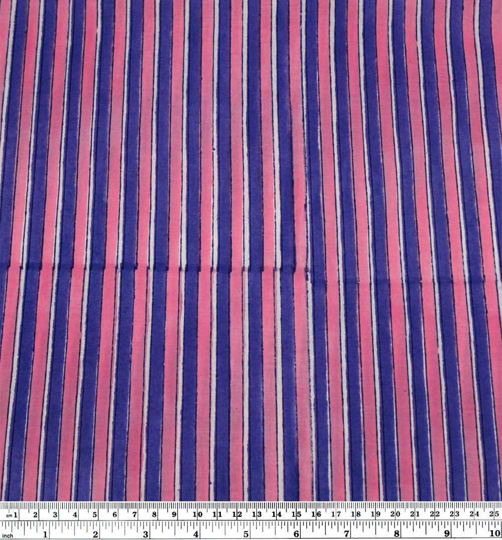 Wide Stripe Block Printed Organic Cotton Batiste - Candy Pink/Blueberry | Blackbird Fabrics