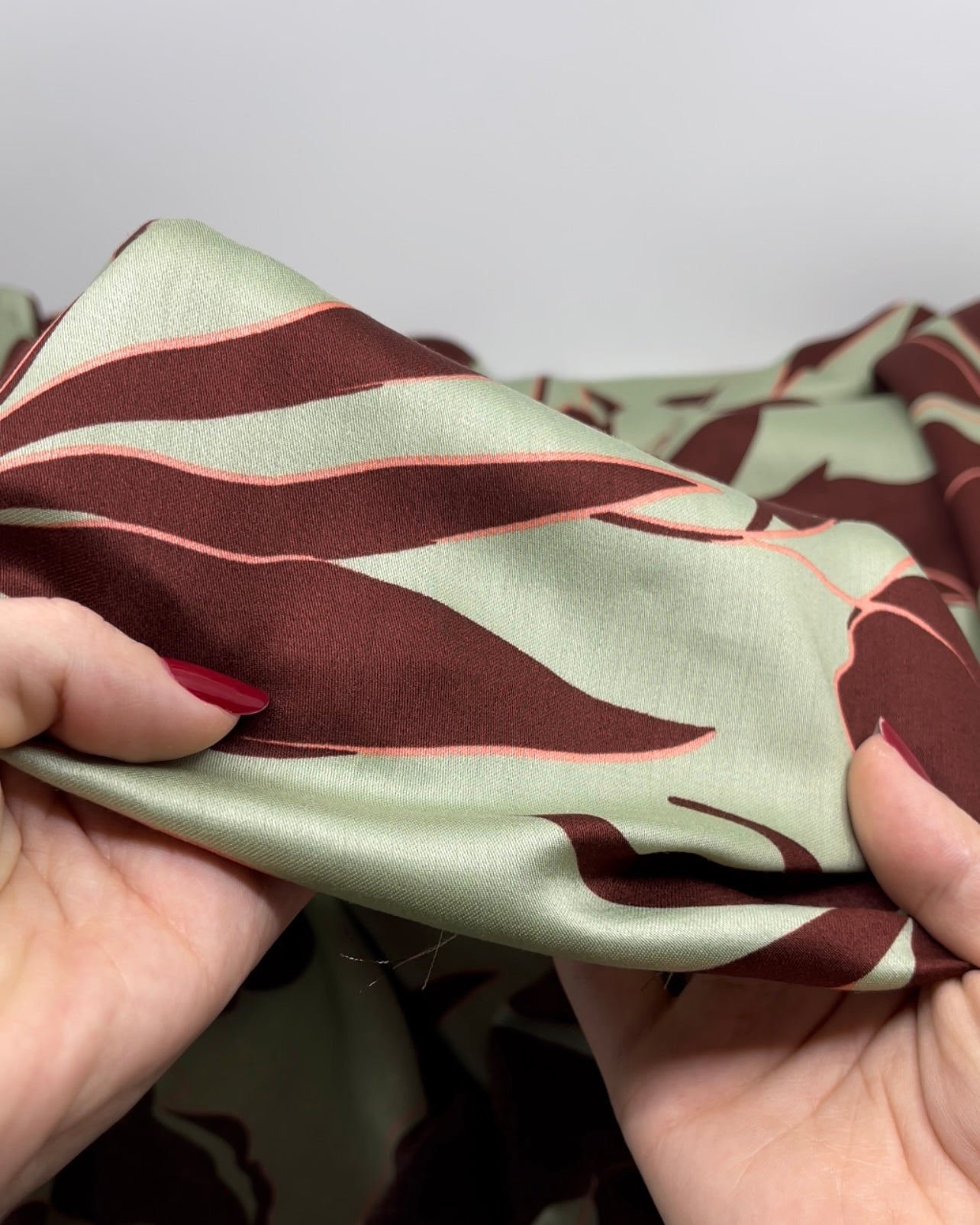 Deadstock Fine Fronds Viscose Sateen - Eucalyptus/Rum Raisin | Blackbird Fabrics