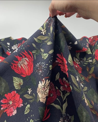 Deadstock Noir Botanical Midweight Viscose Crepe - Midnight Blue/Crimson | Blackbird Fabrics