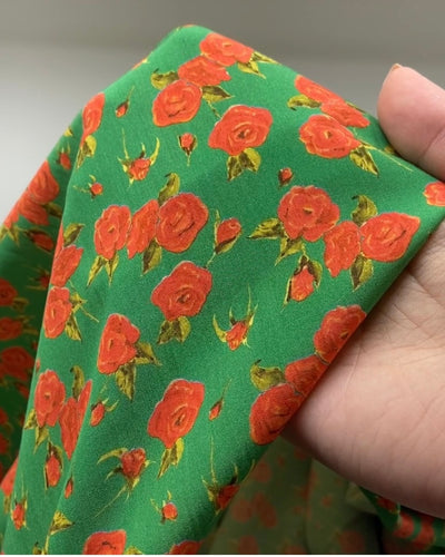 Deadstock Pop Art Roses Viscose Poplin - Grass/Firecracker | Blackbird Fabrics