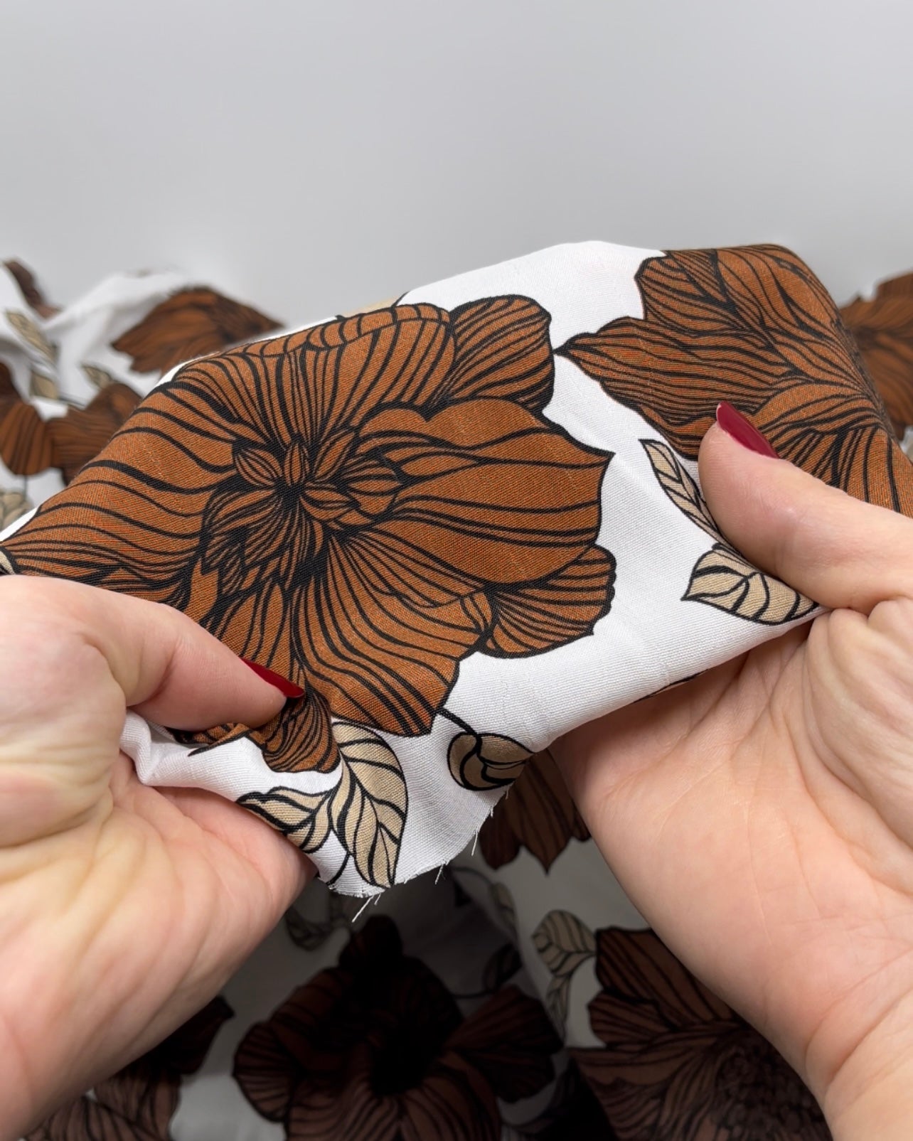 Deadstock Wooden Florals Viscose Crepe  - White/Cinnamon/Sand | Blackbird Fabrics