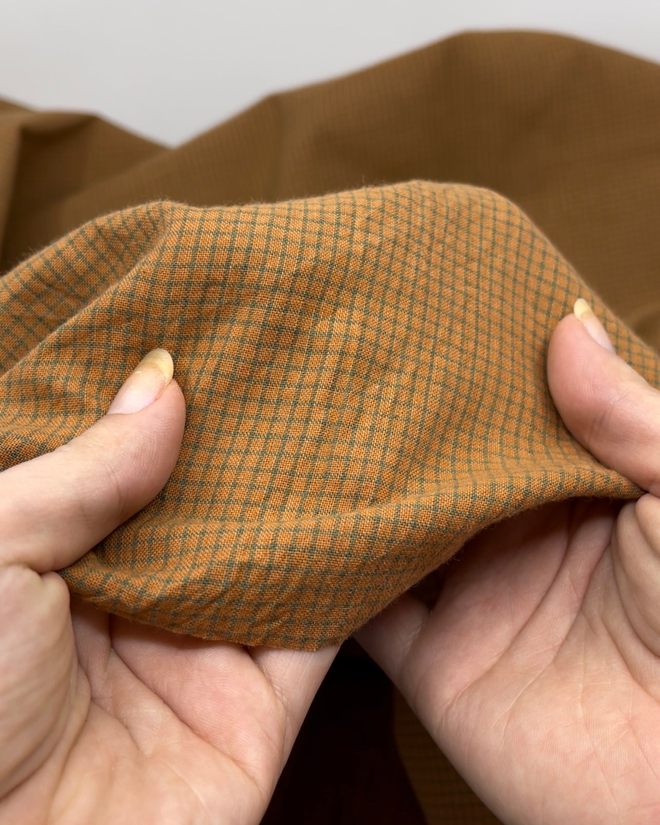 Mini Grid Handwoven Cotton - Caramel/Sage | Blackbird Fabrics