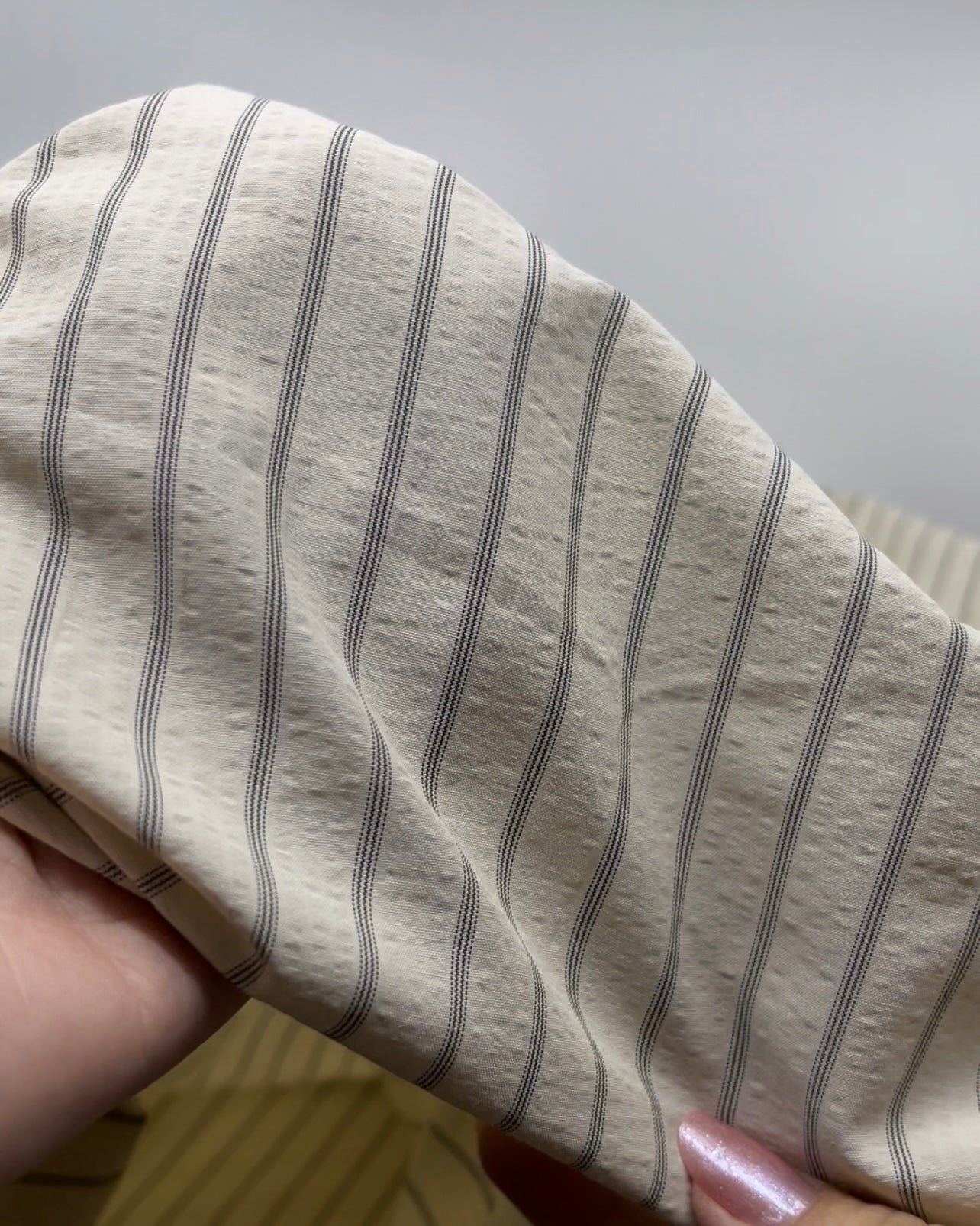 Pencil Stripe Crinkle Lyocell Cotton Shirting - Parchment/Charcoal | Blackbird Fabrics