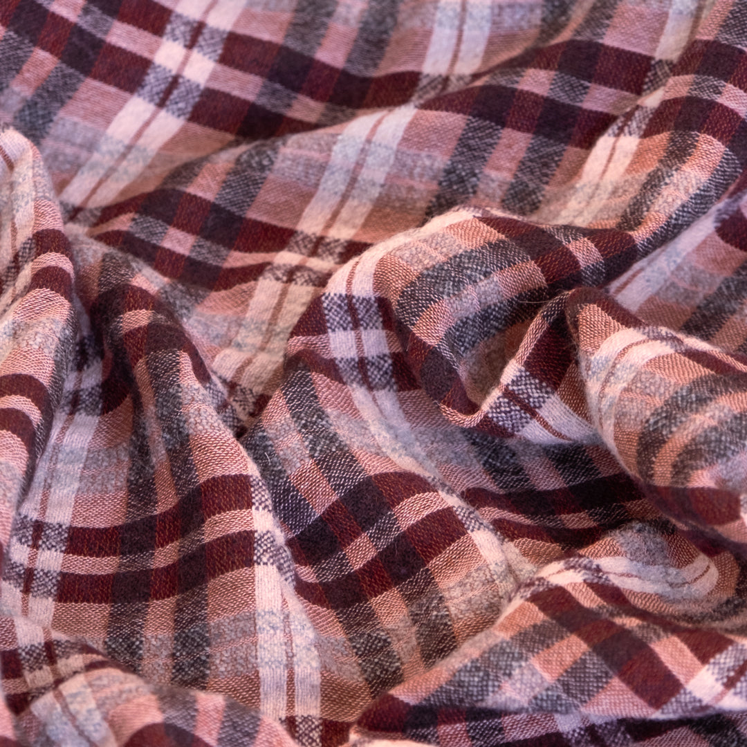 Deadstock Yarn Dyed Plaid Wool Blend Gauze - Blush/Merlot