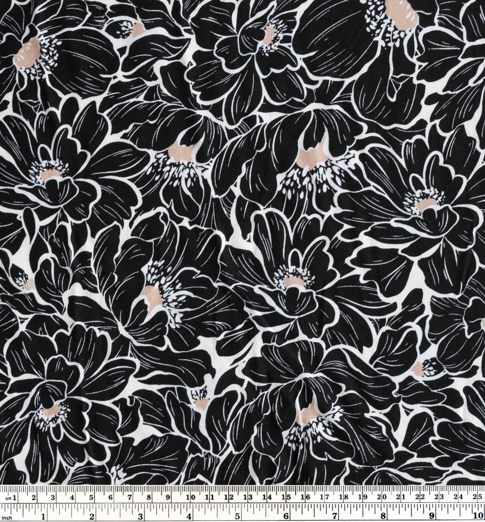 Etched Flowers Rayon Challis - Black/White/Beige