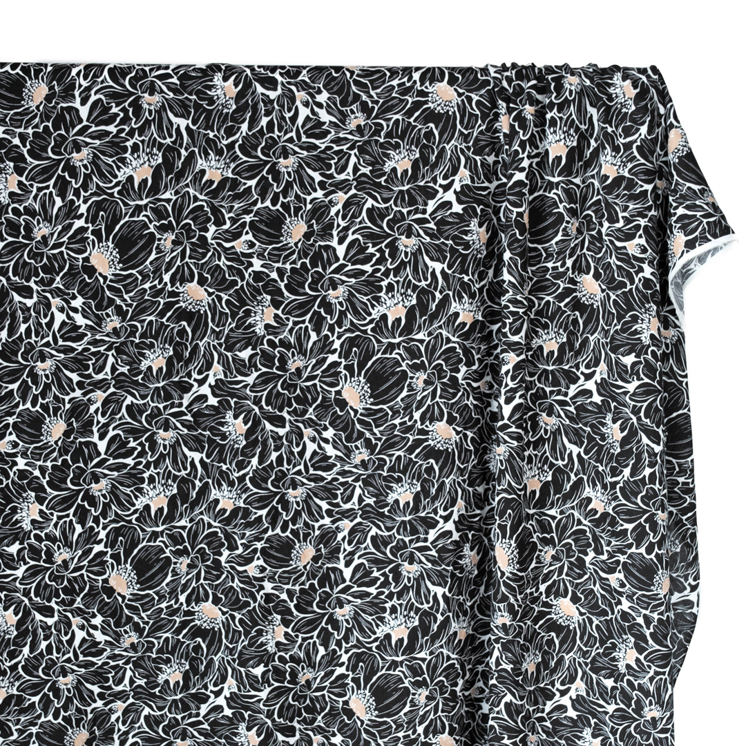 Etched Flowers Rayon Challis - Black/White/Beige