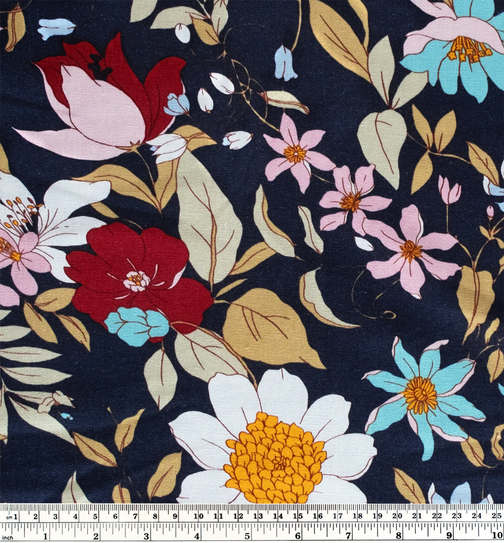 Summer Bouquet Rayon Linen Blend - Navy/Multi | Blackbird Fabrics