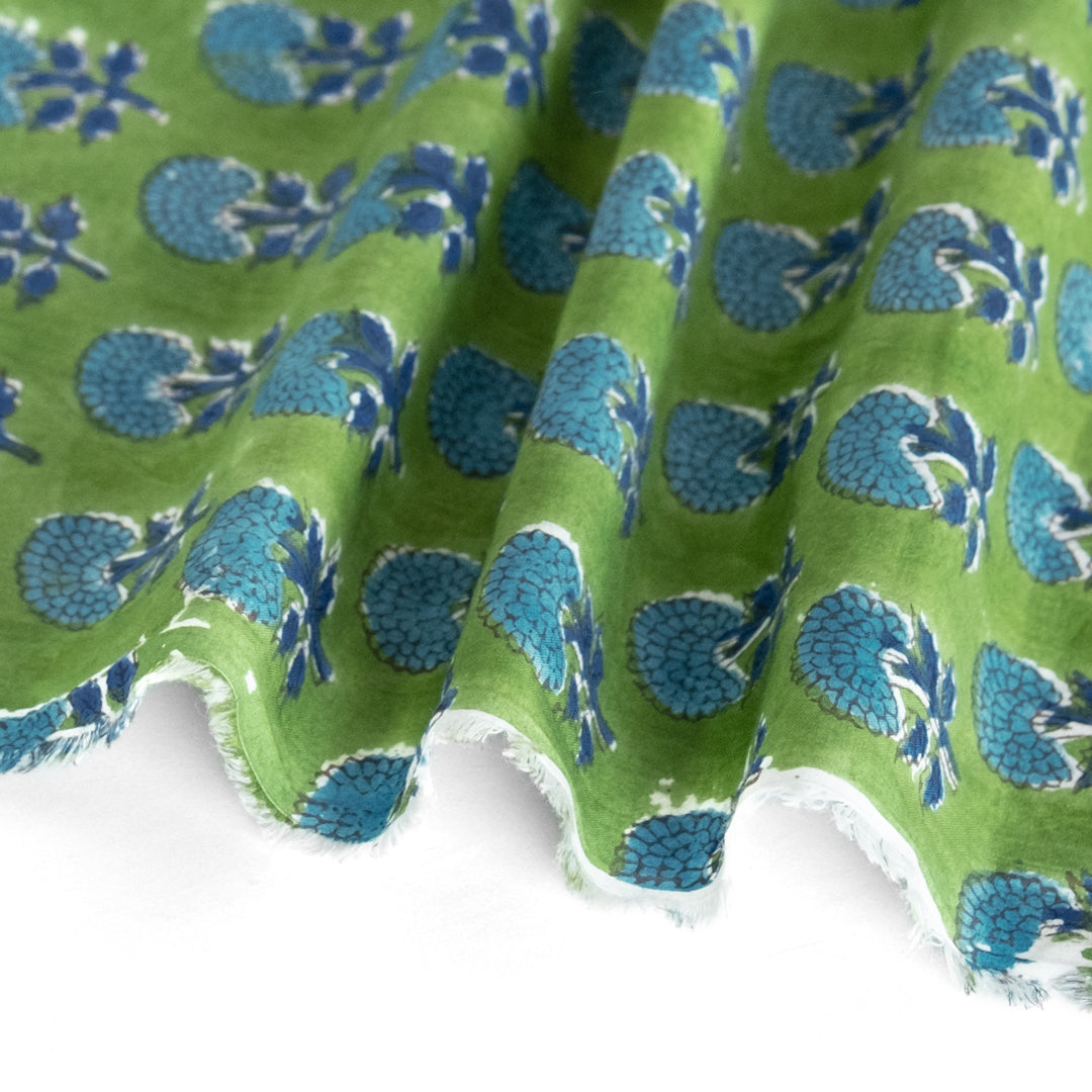 Bloom Block Printed Organic Cotton Batiste - Grass/Aqua | Blackbird Fabrics