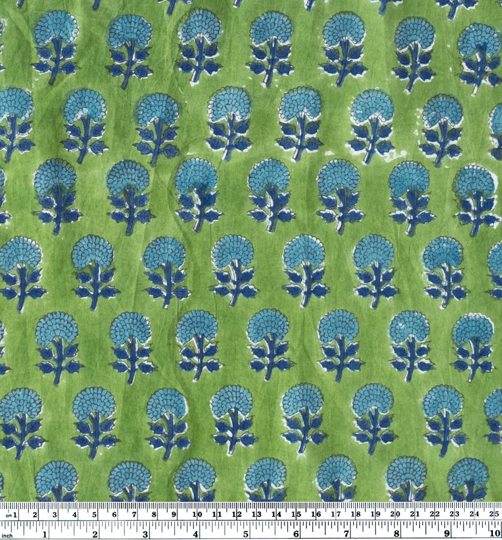 Bloom Block Printed Organic Cotton Batiste - Grass/Aqua | Blackbird Fabrics