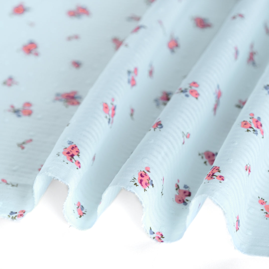 Posy Stripe Cotton Swiss Dot - Ice Blue/Rose