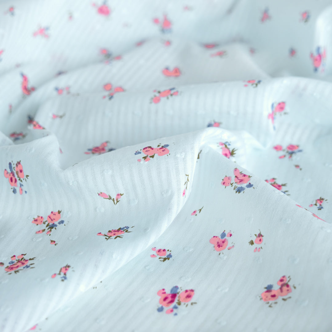 Posy Stripe Cotton Swiss Dot - Ice Blue/Rose