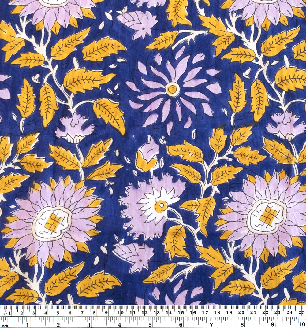 Tapestry Block Printed Organic Cotton Batiste - Cobalt/Sunflower/Dusty Lilac