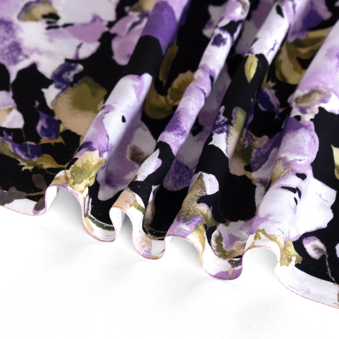 Watercolour Pansies Viscose Poplin - Violet/Black